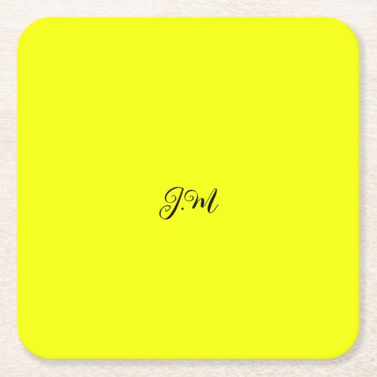 蛍光ネオン黄無地の色イニシャル名 スクエアペーパーコースター (正面)