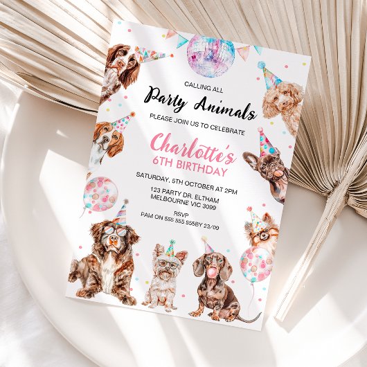 蛍光パーティー動物犬誕生日 招待状