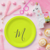 蛍光黄色 – シックなモノグラム ペーパープレート (パーティー)