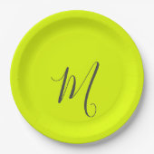 蛍光黄色 – シックなモノグラム ペーパープレート (正面)