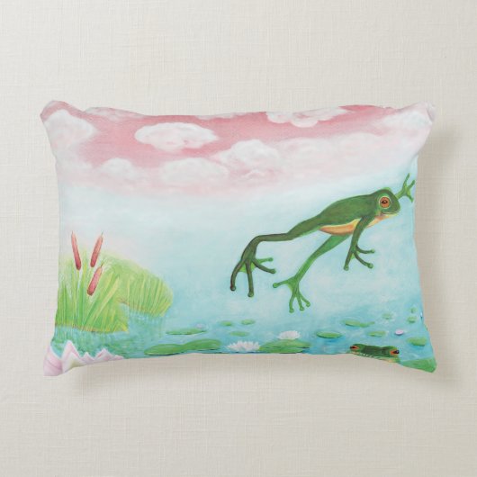 蛙が池に飛び込むイラストレーション アクセントクッション (正面)