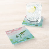 蛙が池に飛び込むイラストレーション ガラスコースター (アングル)