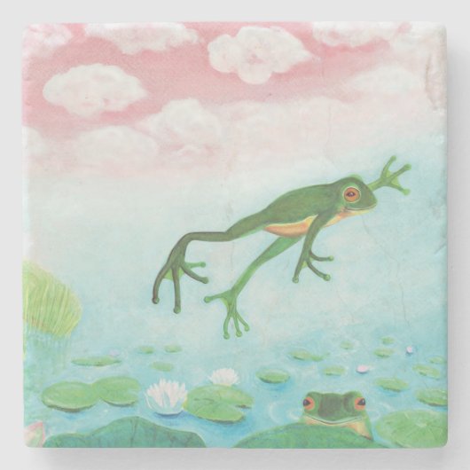 蛙が池に飛び込むイラストレーション ストーンコースター (正面)