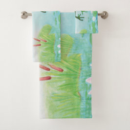 蛙が池に飛び込むイラストレーション バスタオルセット