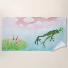 蛙が池に飛び込むイラストレーション ビーチタオル