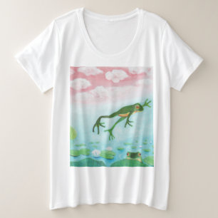 蛙が池に飛び込むイラストレーション プラスサイズTシャツ