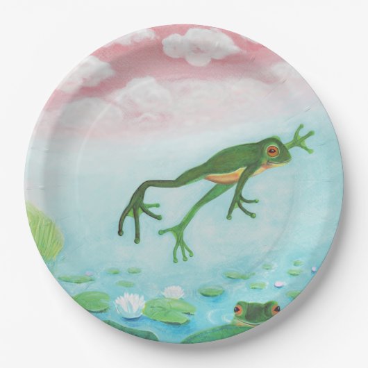 蛙が池に飛び込むイラストレーション ペーパープレート (正面)