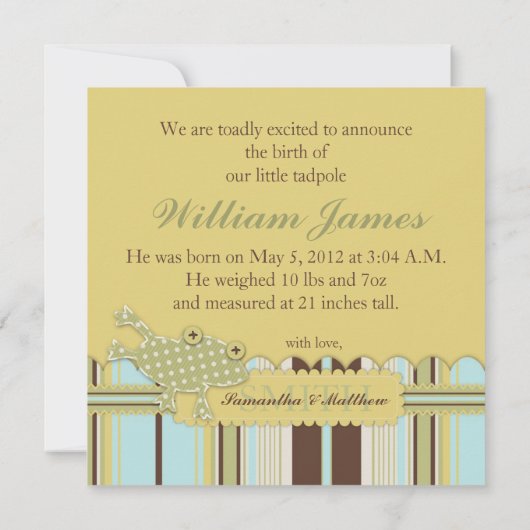 蛙が舞い上がるストライププリント誕生のお知らせ 案内状 (裏面)