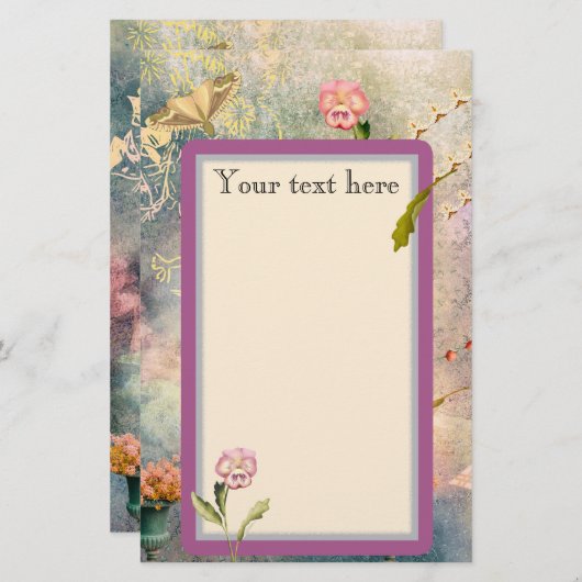 蛾とパンジーパーソナライズされたロマンチック文房具 便箋 (正面/裏面)