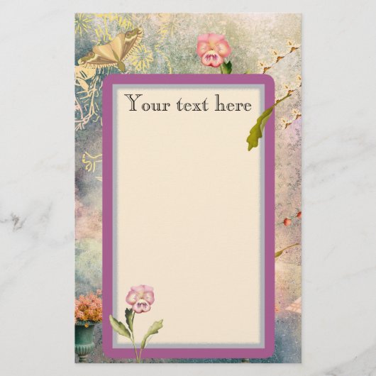 蛾とパンジーパーソナライズされたロマンチック文房具 便箋 (正面)