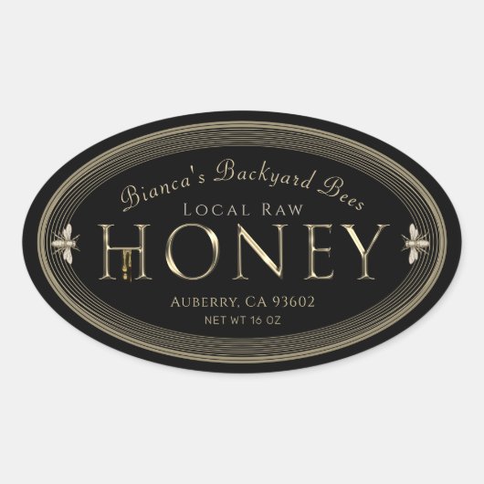 蜂が黒を滴らせる銀金属蜂蜜ラベル 楕円形シール (正面)