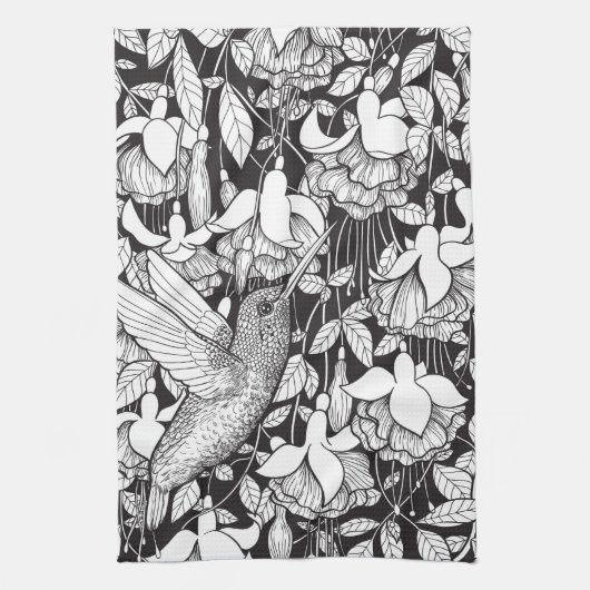 蜂すずめと明るい赤紫色 キッチンタオル (縦)