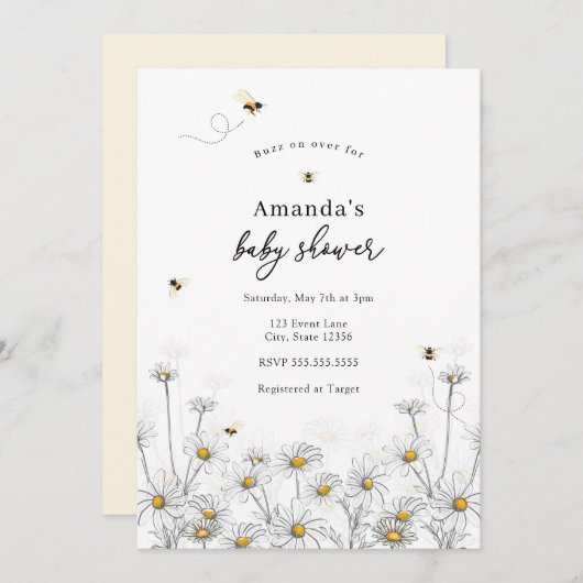 蜂とデイジー赤ちゃんシャワー 招待状 (正面/裏面)