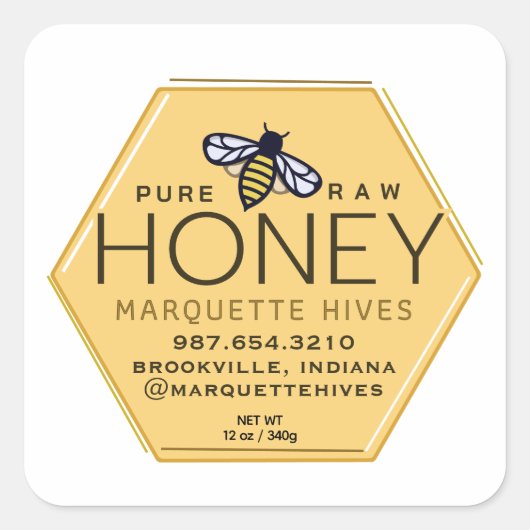 蜂とハニカム付きイエローハニー六角ラベル スクエアシール (正面)