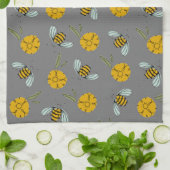 蜂とバターカップのグレー キッチンタオル (折り畳み)