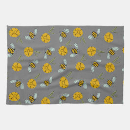 蜂とバターカップのグレー キッチンタオル