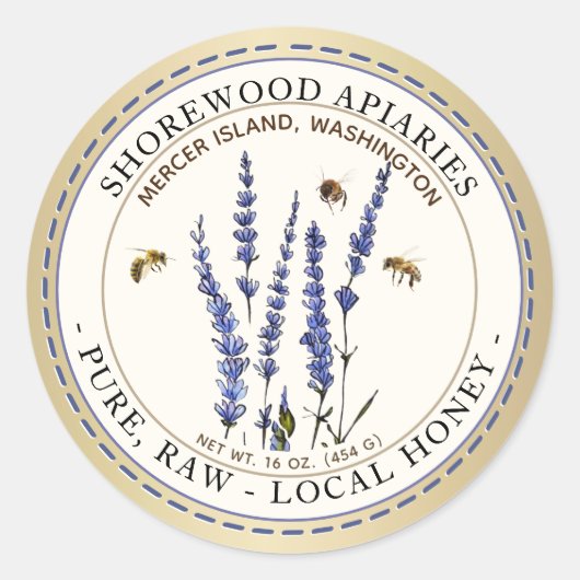 蜂とラベンダーハニーアイボリー金属金ゴールド ラウンドシール (正面)