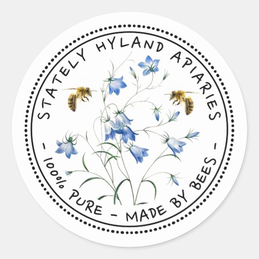 蜂とヴィンテージブルーベルハニージャーのふたラベル ラウンドシール (正面)