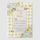 蜂と白の花ギンガムジェンダースペインのリビール ベラム紙招待状 (正面)