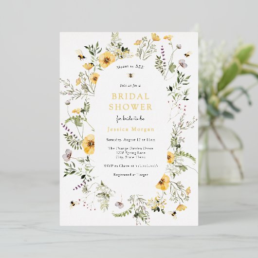 蜂と繊細な野草のブライダルシャワー 箔招待状 (立ち正面)