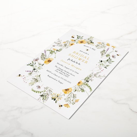 蜂と繊細な野草のブライダルシャワー 箔招待状 (回転した状態)