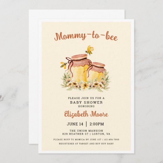 蜂と蜂蜜のママの赤ちゃんシャワー 招待状 (正面/裏面)