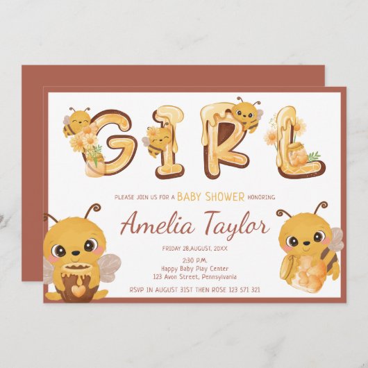 蜂と蜂蜜ガール甘い文字ベビーシャワー 招待状 (正面/裏面)
