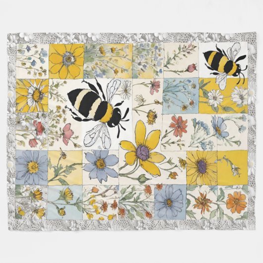 蜂と野花ヴィンテージフローラパッチワーク フリースブランケット (正面(横))