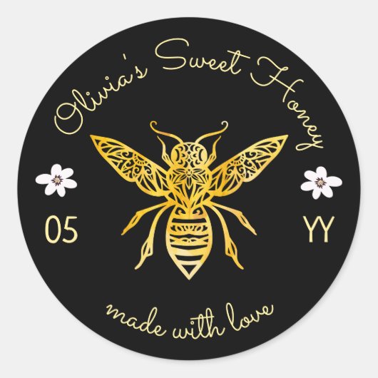 蜂と開花のフローラエレガントと装飾的なハニービー ラウンドシール (正面)