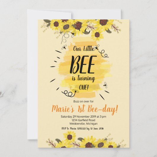 蜂のヒマワリの第1誕生日のパーティの招待状 招待状 (正面)