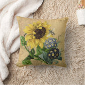 蜂のヒマワリの花柄及びヴィンテージの地図 クッション (ブランケット)