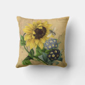 蜂のヒマワリの花柄及びヴィンテージの地図 クッション (裏面)