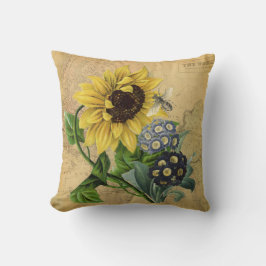 蜂のヒマワリの花柄及びヴィンテージの地図 クッション