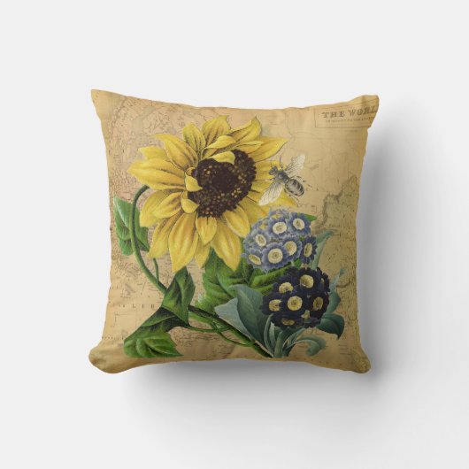 蜂のヒマワリの花柄及びヴィンテージの地図 クッション (正面)