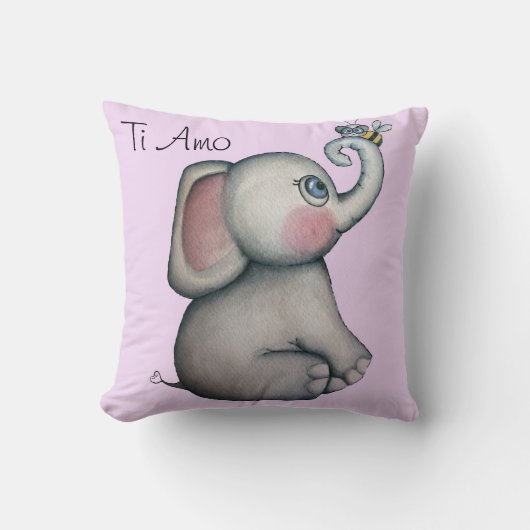 蜂のピンクの枕を持つベビー象 クッション (正面)