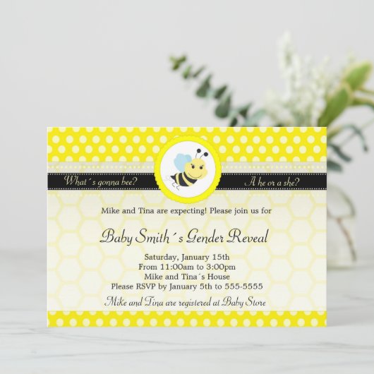 蜂のベビーシャワーの性は水玉模様を明らかにします 招待状 (スタンド正面)