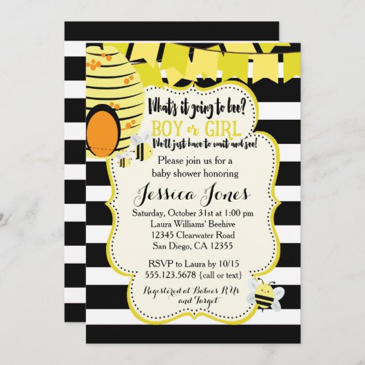 蜂のベビーシャワーの招待状か性はパーティーを明らかにします 招待状 (正面/裏面)