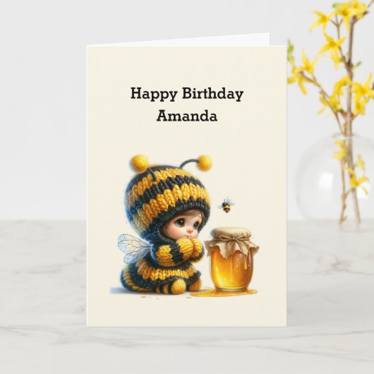 蜂の巣姿のかわいい女の子誕生日 カード (黄色い花)