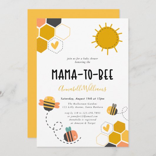蜂の巣状のママから蜂の巣状のベビーシャワー 招待状 (正面/裏面)