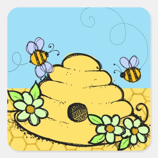 蜂の巣箱と蜂のステッカー スクエアシール (正面)