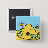 蜂の巣箱と蜂のボタン 缶バッジ (正面&裏面)