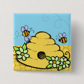 蜂の巣箱と蜂のボタン 缶バッジ (正面)