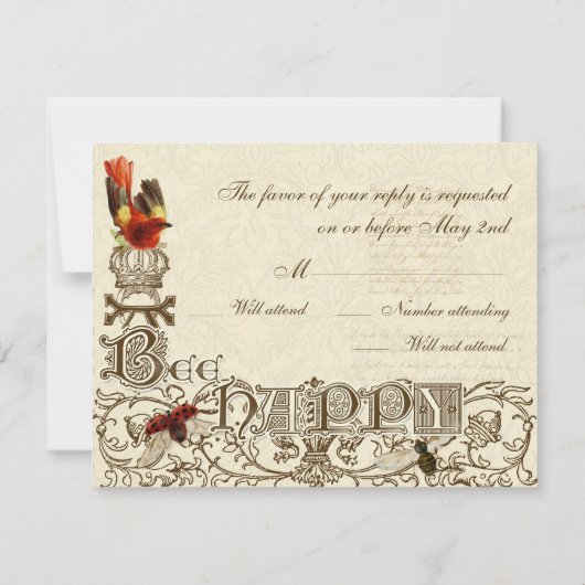 蜂の幸せなヴィンテージ- RSVPの応答カード 出欠カード (裏面)