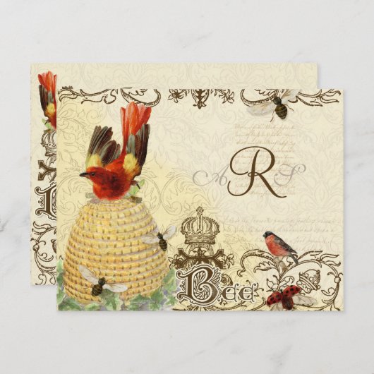 蜂の幸せなヴィンテージ- RSVPの応答カード 出欠カード (正面/裏面)