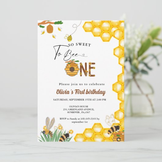 蜂の日イエローハニービー最初の女の子の誕生日パーティー 招待状 (スタンド正面)