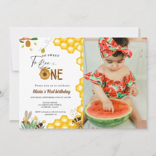 蜂の日イエローハニービー最初の女の子の誕生日パーティー 招待状 (正面)