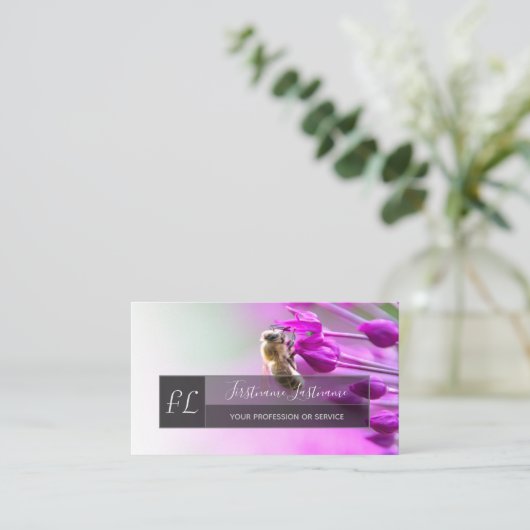 蜂の灰色の長方形モノグラムとピンクの花 名刺 (スタンド正面)