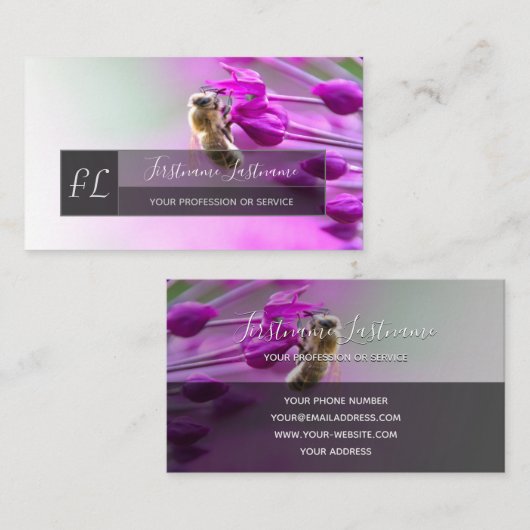 蜂の灰色の長方形モノグラムとピンクの花 名刺 (正面/裏面)