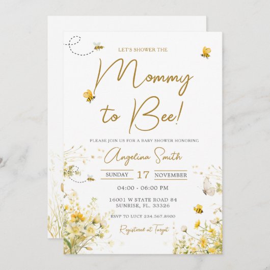 蜂の花ママへ蜂の赤ちゃんシャワー 招待状 (正面/裏面)