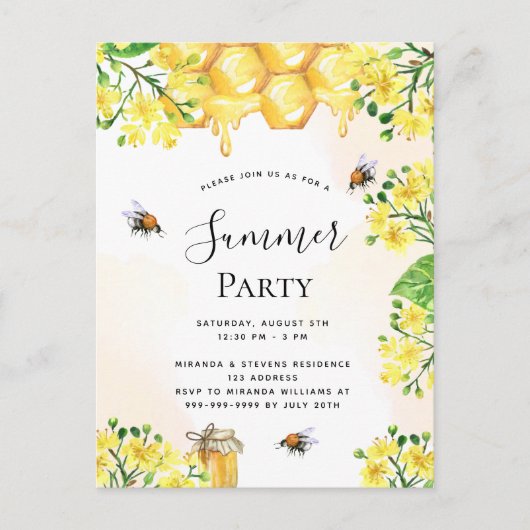 蜂の花模様蜂蜜の夏の招待 ポストカード (正面)